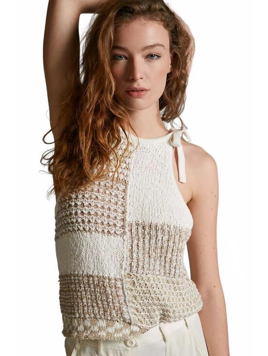 Anthropologie Tops - NWT Anthropologie Patchwork Knit Halter Top Beige Gold Metallic Medium